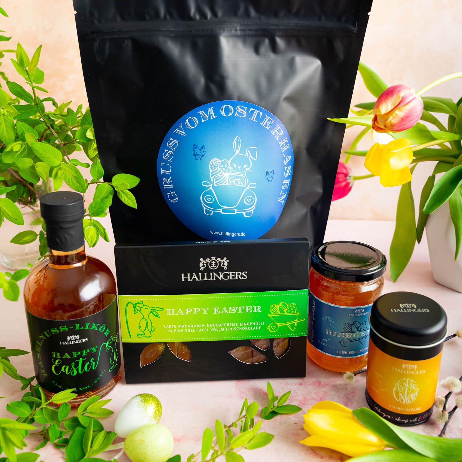 Hallingers Genuss Manufaktur Feinkost Oster-Geschenk-Set - XXL-Wundertüte "Gruß vom Osterh..." großes Osternest Ostertafel, Biergelée, Likör & Osterei-Gewürz, Ostern Körbchen für Frauen Männer