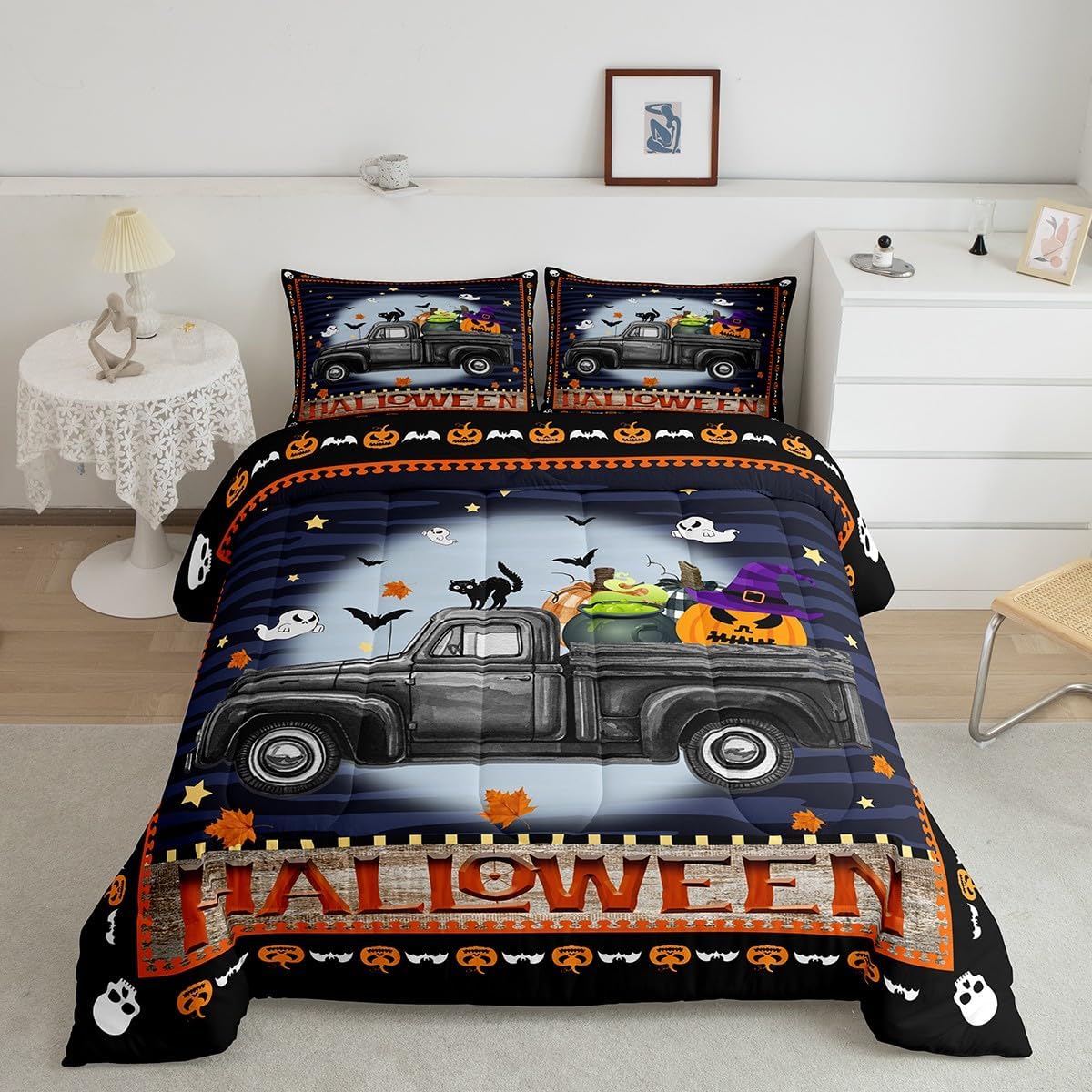 Feelyou Halloween Comforter Set Twin Size with 1 Pillow Case Halloween Decor Comforter Happy Halloween Bedding Set Black Cartoon Truck Quilted Duvet Set for Kids Adults