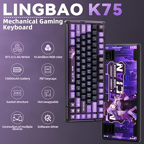 Miniatura 2 de LINGBAO K75 - Teclado mecánico inalámbrico, 75% de anime para juegos con batería de 10000 mAh, interruptores prelubricados intercambiables en