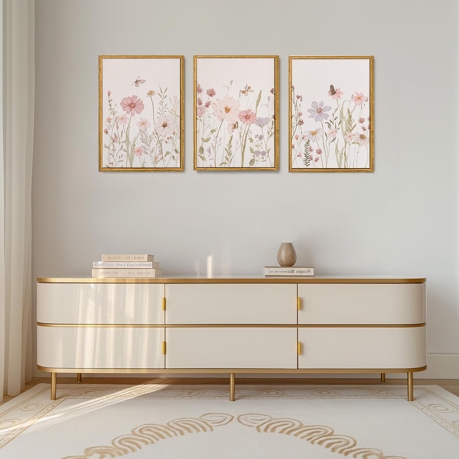 Wodkwq 3 Piece Framed Wall Art Wildflower Wall Decor Botanical Canvas Art Floral Pictures Watercolor Paintings Pink Artwork Prints for Nursery Bedroom Living Room