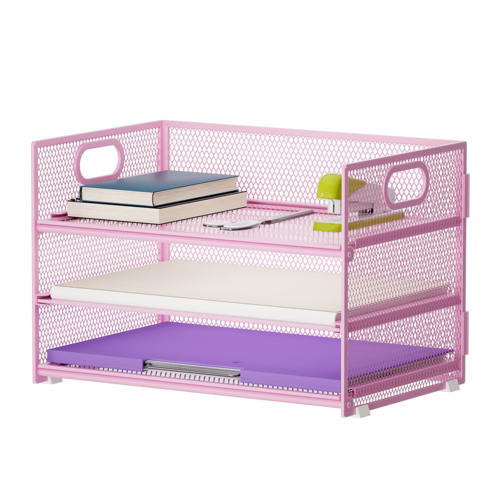 Marbrasse Organizer Scrivania, Scrivania a Rete Vassoio Portacarte 3 Scomparti con Maniglia Organizzatore,Organizer per File A4,Portapenne per Casa Ufficio(Rosa)