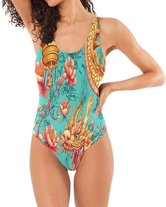 Colorful Chinese Dragon Womens One-Piece Bathing Suits, Padded One-Piece Swimsuits for Women Aesthetic One-Piece Swimsuit