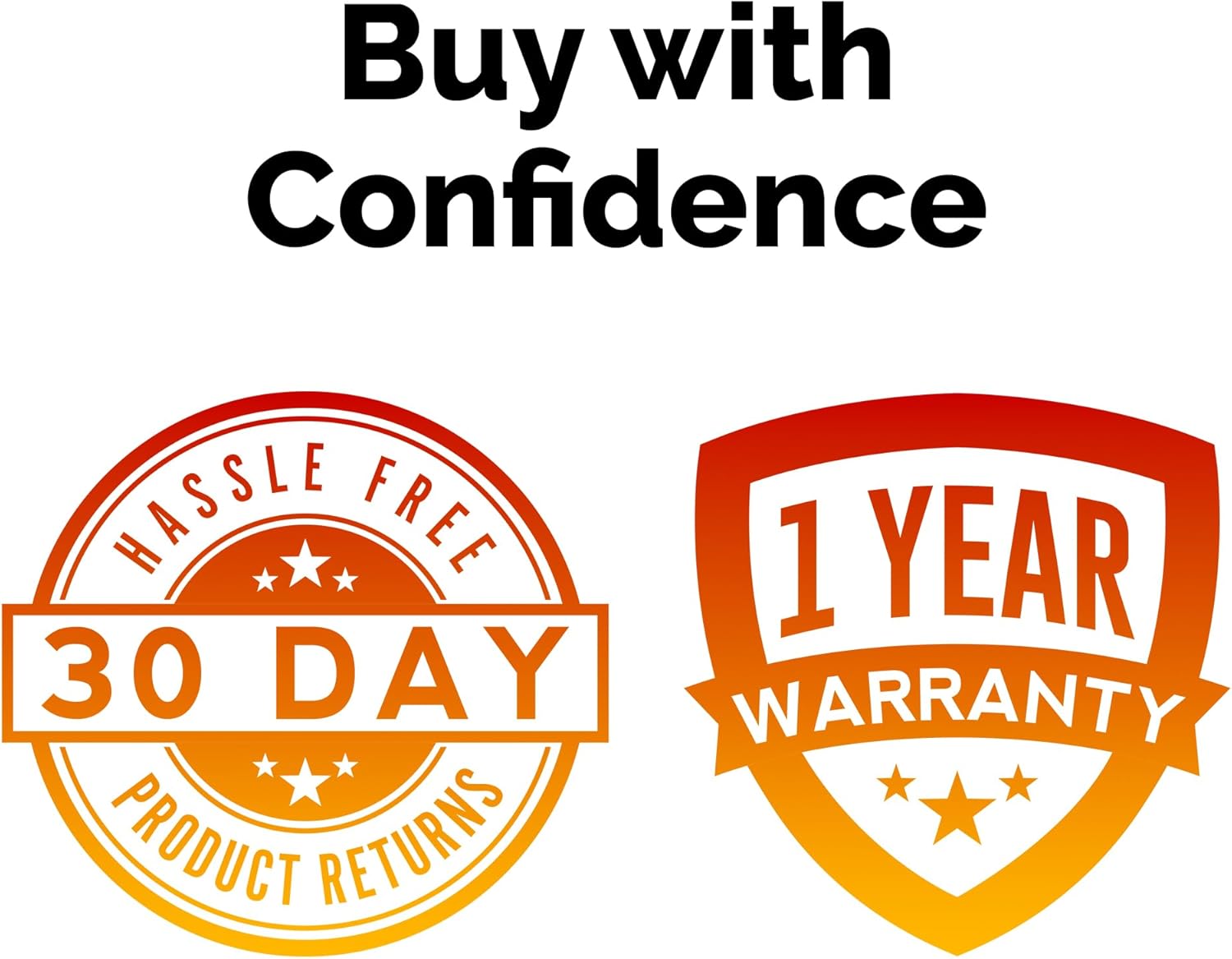 Image showing '30 Day Hassle Free Product Returns' and '1 Year Warranty' badges.
