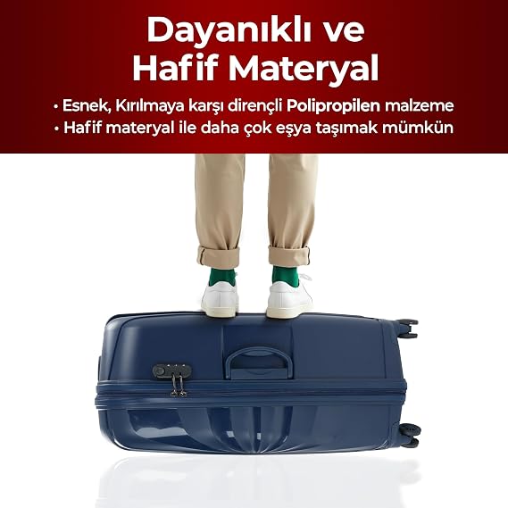 COTPOLY Troya 2'li Valiz Seti, Polipropilen Valiz, Troya Darbeye Dayanıklı Bavul (Lacivert Orta ve Kabin)