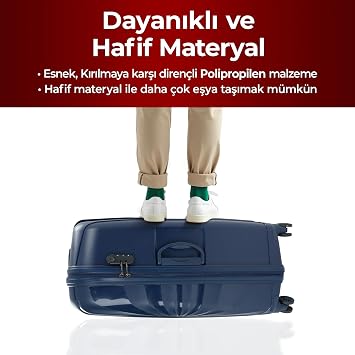 COTPOLY Troya 2'li Valiz Seti, Polipropilen Valiz, Troya Darbeye Dayanıklı Bavul (Lacivert Orta ve Kabin)