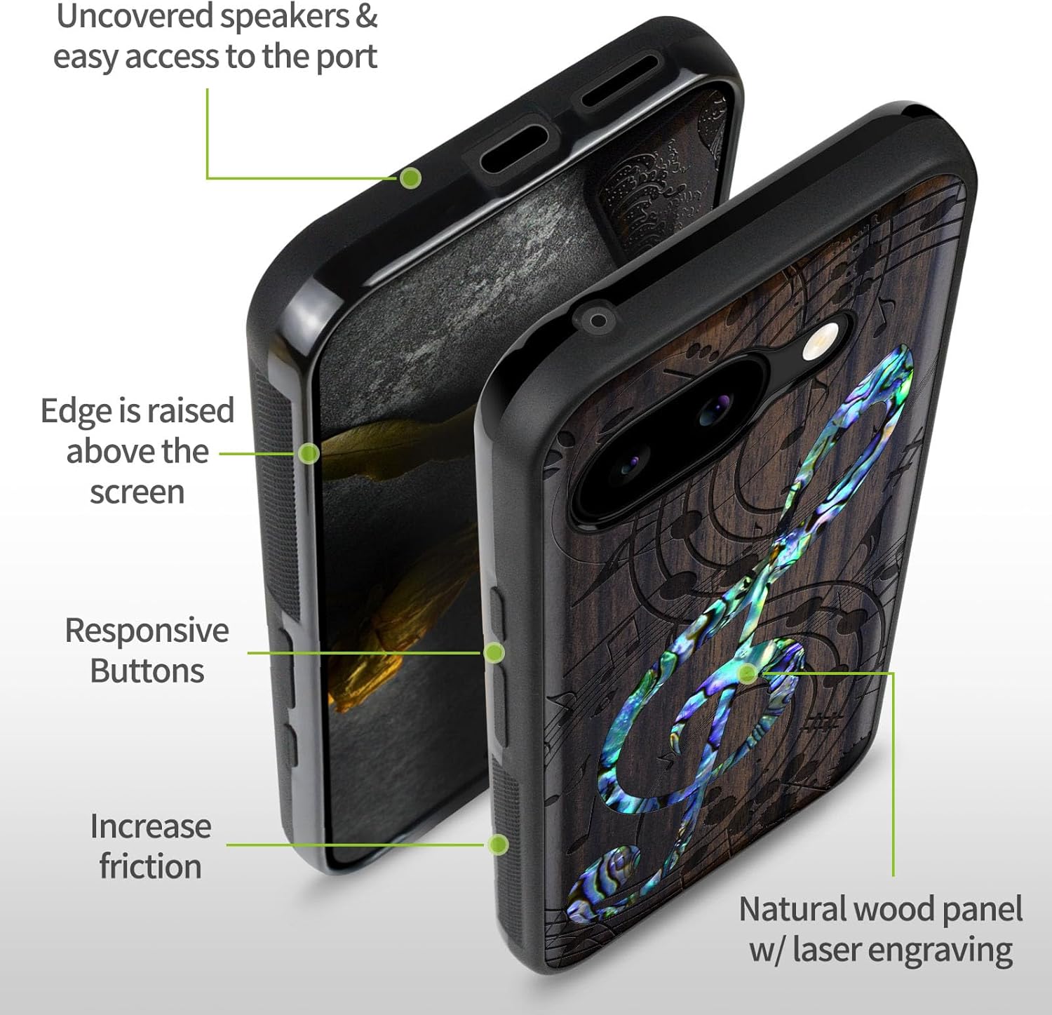 Carveit Magnetic Wooden Case for Google Pixel 9a Case, Wood Artisan Engraved & Handmade Shell Inlaid, Compatible with MagSafe Wireless Chargers (Musical Note) Blackwood
