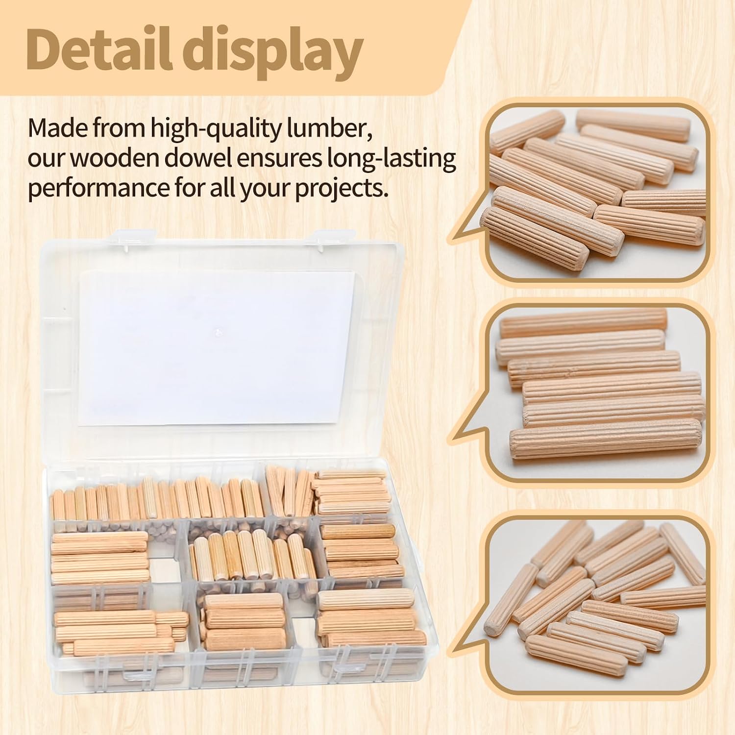 8 Values Wood Dowels Kit 1/4 3/8 5/16 Inch Fluted Wooden Dowel Pins Pegs Assortment for Furniture Woodworking DIY Crafts 225Pcs