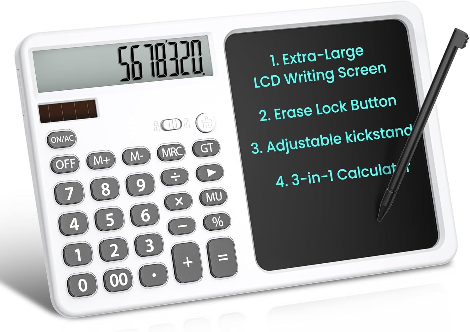 Desk Calculator with Writing Pad, Widescreen Extra-Large LCD Display, 12-Digit Calculator, Solar & Battery Dual Power Supply, Desktop Calculator with Ergonomic Viewing Angle for Office, School (White)