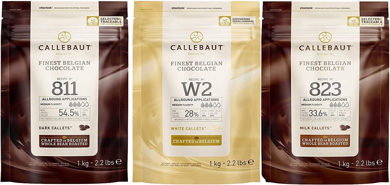 CALLEBAUT Kuvertüre Callets Zartbitterschokolade Milchschokolade weiße Schokolade 1kg 3er Pack