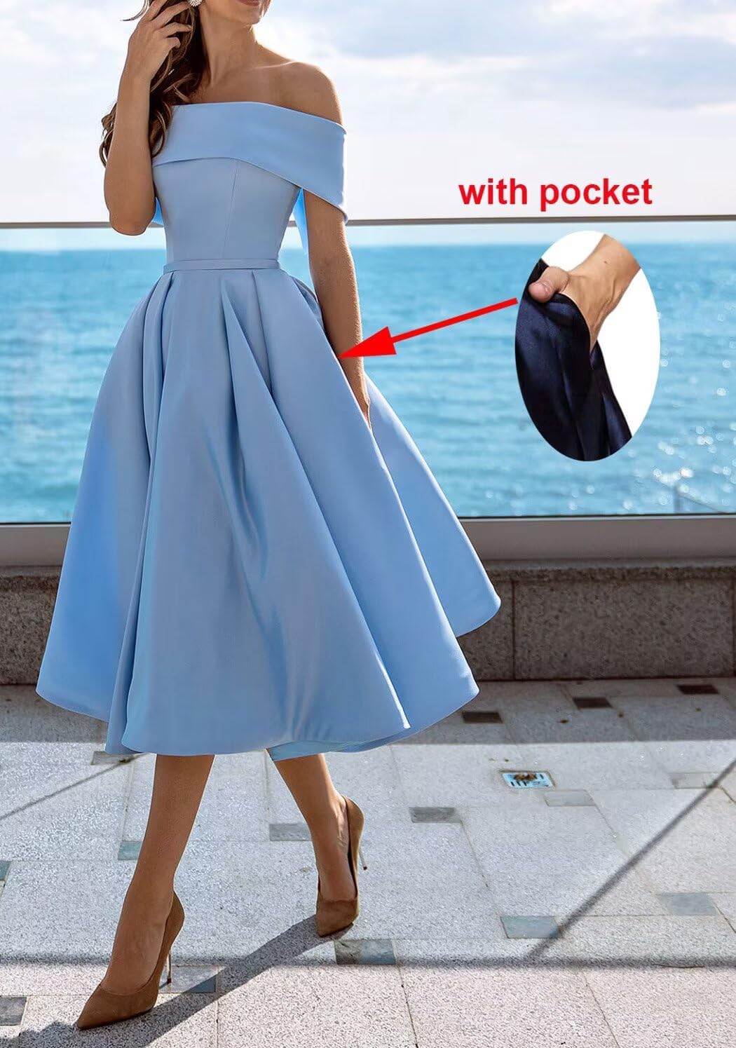 Women's Off The Shoulder Bridesmaid Dresses Short Satin A-line Tea Length Prom Formal Dress with Pockets - Image 4