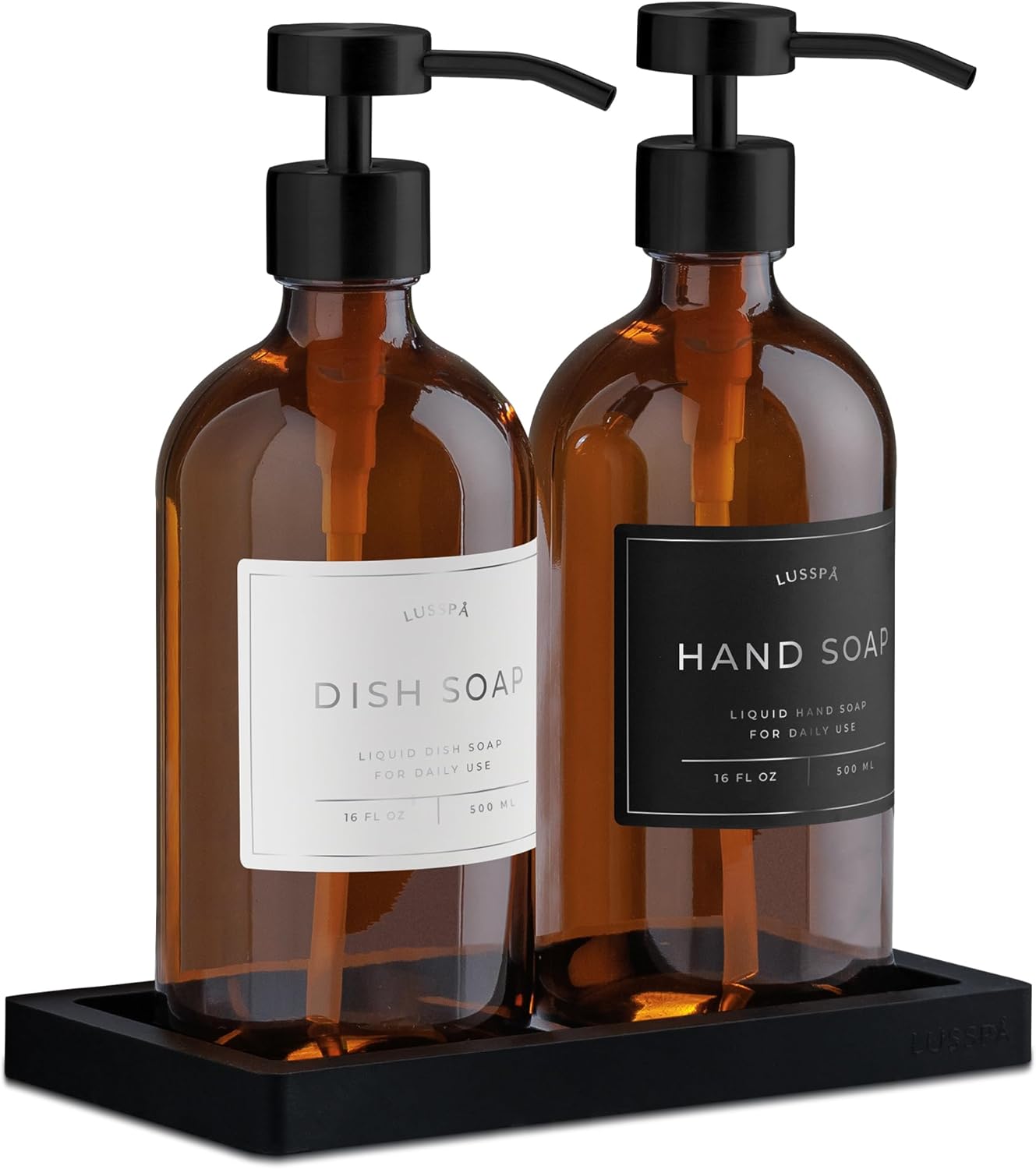 Glass Soap Dispenser Set of 2 (Amber) with Silicone Tray | Hand and Dish Soap Dispenser for Kitchen and Bathroom | 16.8 Oz Glass Bottles with Stainless Steel Pump & 15 Waterproof Labels (Amber/Black)
