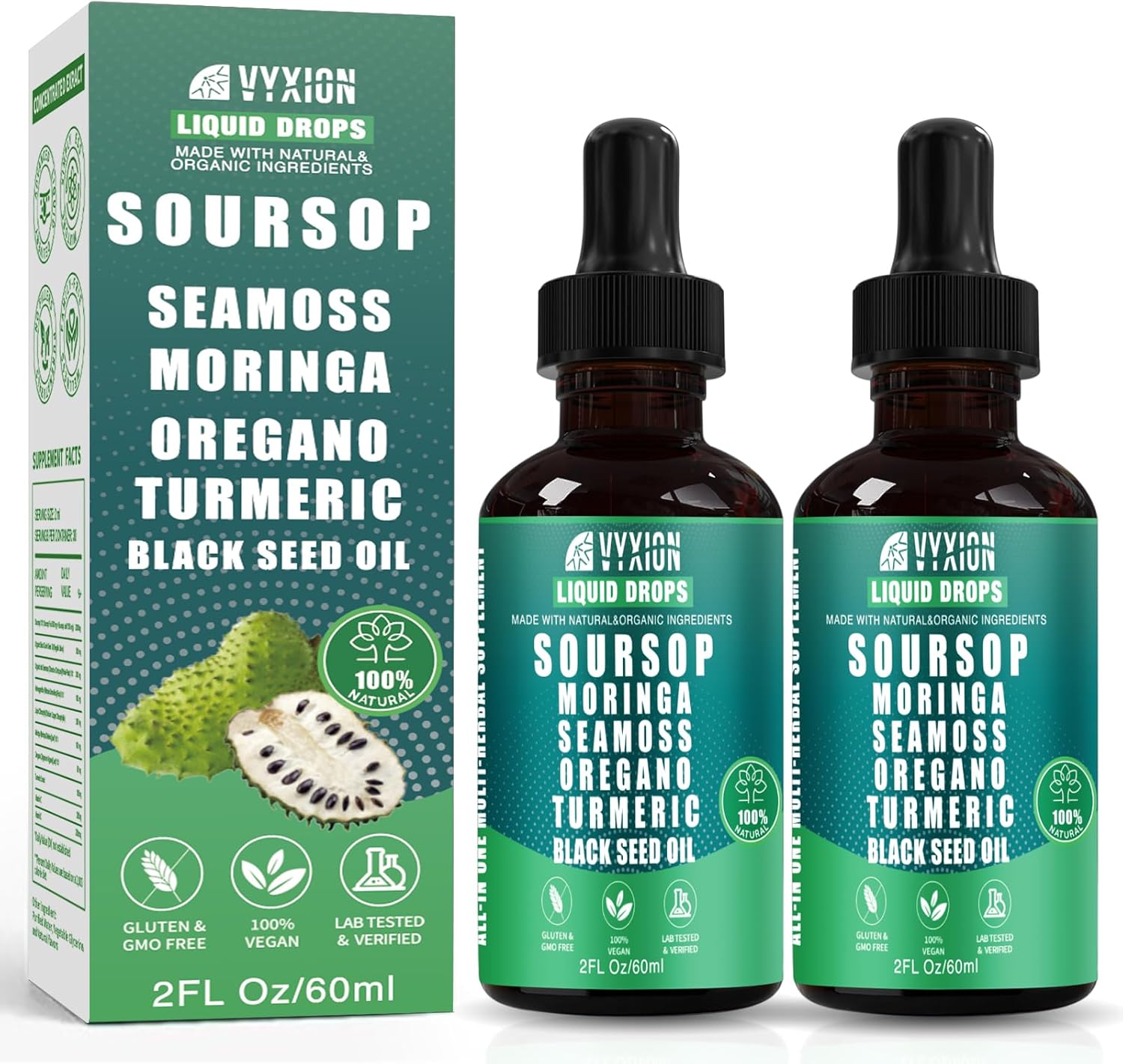 Soursop Pure Liquid Drops 10 in 1 with Sea Moss, Moringa, Turmeric, Black Seed Oil, Oregano, Ashwagandha | Herbal extracts for Overall Health | Vegan, Non-GMO | 4 Fl Oz