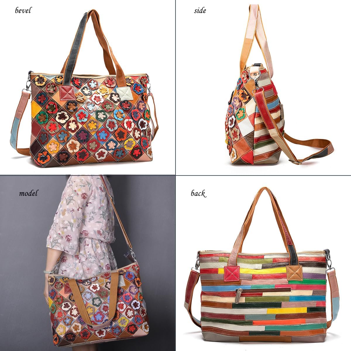 Women's Colorful Floral Patchwork Tote Handbag, Genuine Leather Multicolor Shoulder Crossbody Bag for Work Daily Use