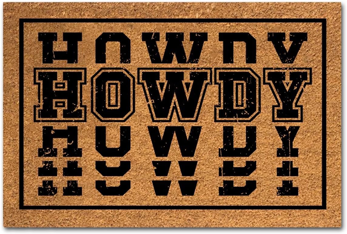 Funny Coir Doormat Howdy Western Texas Cowboy Front Door Mat Entryway Outdoor Mat with Heavy Duty Front Porch Decor Welcome Mats Entry Natural Coconut Brown Mat Novelty Gift Doormat 23.7 x 15.7 inch