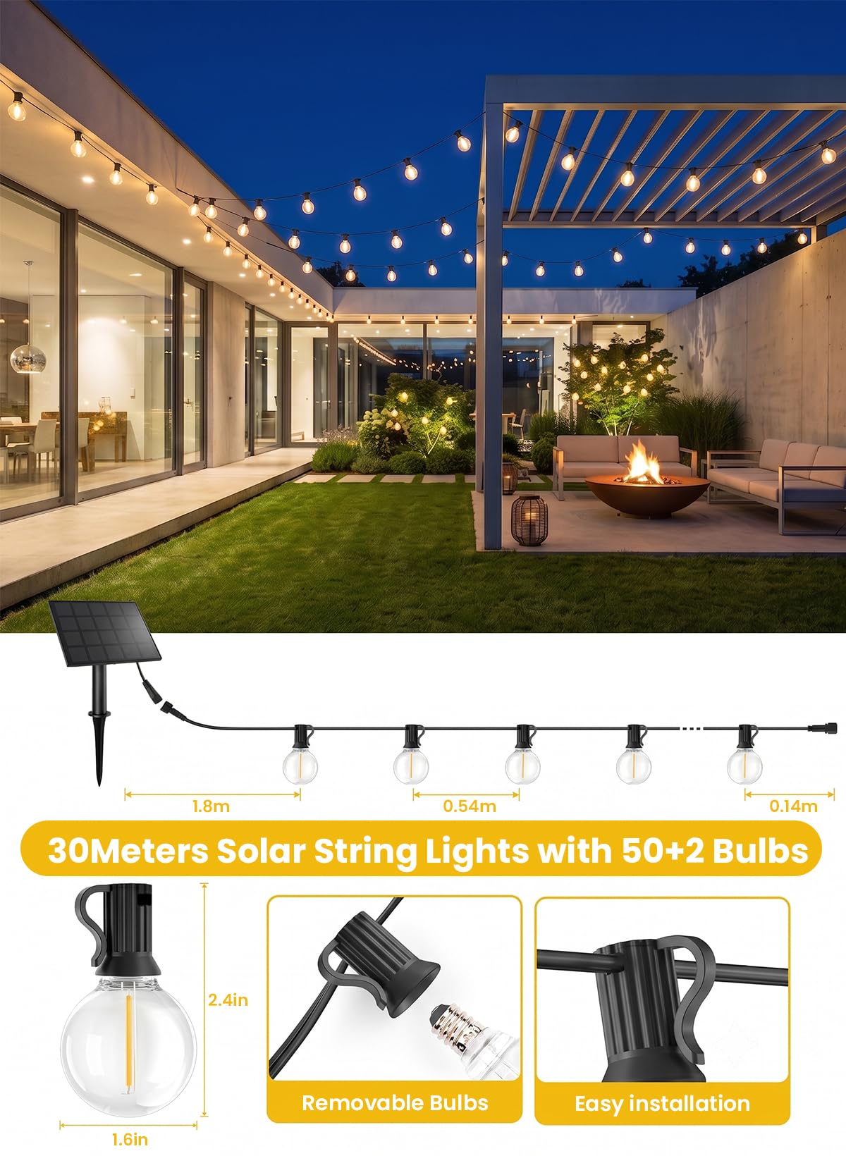 Bomcosy Catena luci solare 30M G40 IP44, 50+2 lampadine infrangibili
