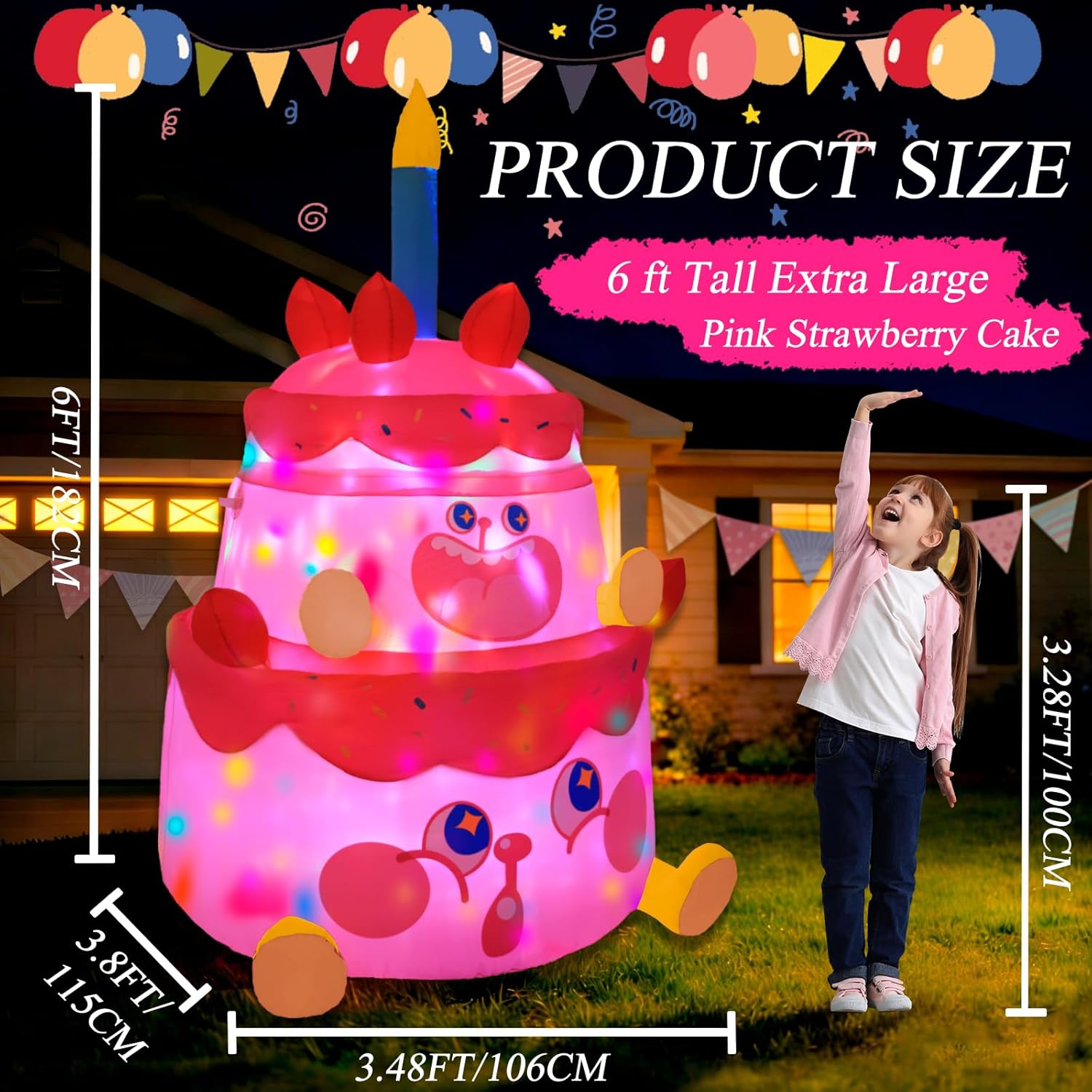 6FT Happy Inflatables Birthday Decorations, Birthday Inflatable Adorable 2-Tier Pink Strawberry Blow Up Cake with Bright LED Lights, IP65 Waterproof & Extra Stable Base for Yard Garden Party