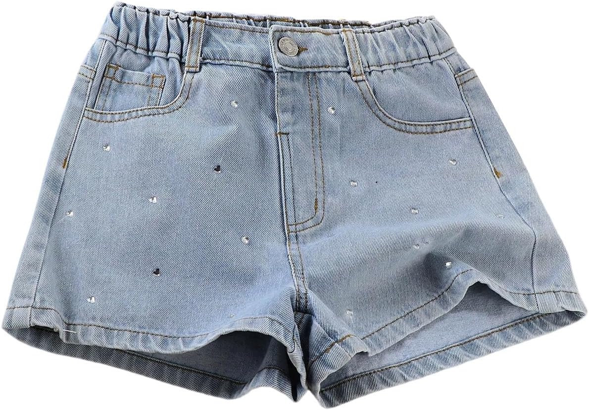 OYOANGLE Girl's Rhinestone Sparkly Denim Shorts High Rise Straight Leg Jean Shorts with Pockets