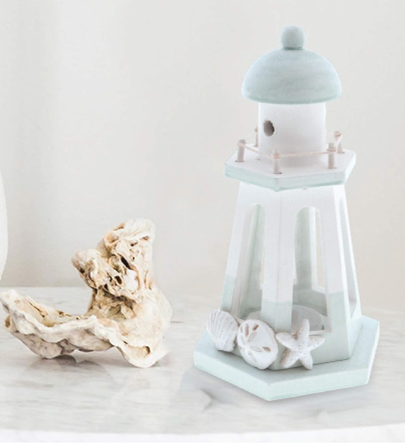 CoTa Global Blue Lagoon Nautical Wooden Lighthouse Tealight Candle Lantern Holder - Coastal Table Centerpiece Beach Home Decor - Rustic Indoor Outdoor Decorative Lantern - Handmade Color May Vary