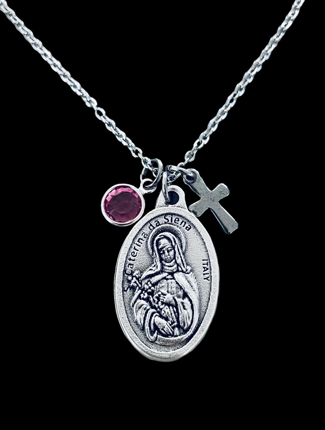Personalized St Caterina da Siena - Saint Catherine of Siena Necklace – Patron Saint of Nurses – Stainless Steel Chain with Cross and Birthstone – Catholic Gift for Her - Image 2