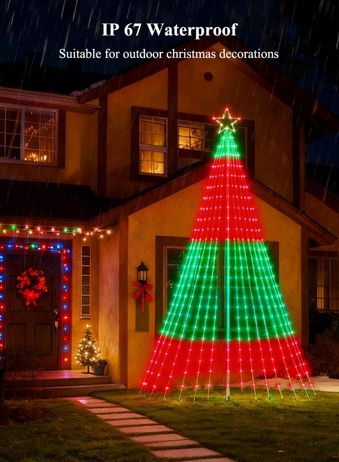 12FT Christmas Tree Lights with 355 LEDs, RGB Color Changing String Lights with Remote & Smart App Control, 52+ Modes, IP67 Waterproof Waterfall Lights with Pole for Xmas Outdoor Decorations