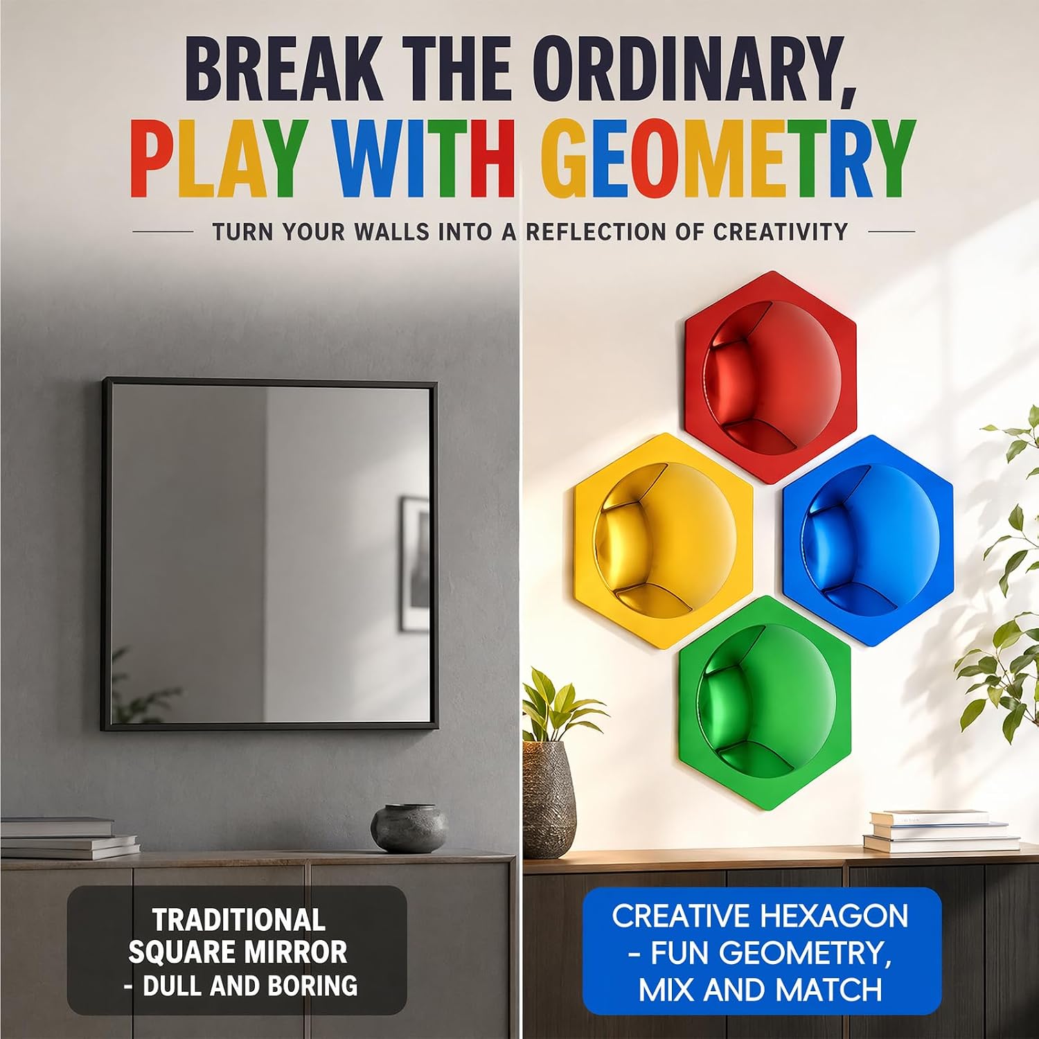 4 Pcs Honeycomb Hexagon Acrylic Sensory Bubble Mirrors for Wall, DIY Combinable Sensory Panel, Colorful Toys for Playroom & Calming Corner Supplies (Red, Yellow, Green, Blue)