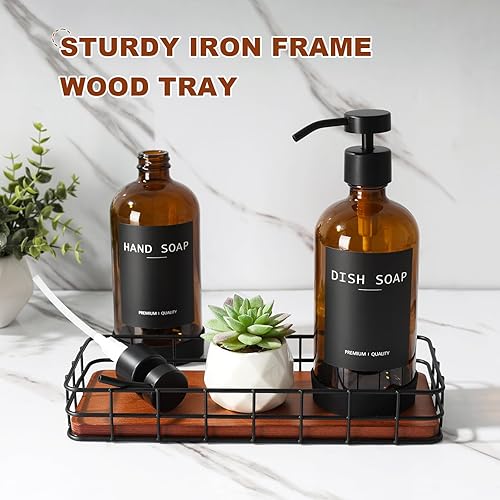 Miniatura 5 de Juego de dispensador de jabón de cocina con bandeja, dispensadores de jabón de vidrio ámbar con cesta de hierro, juego de dispensador de jabón