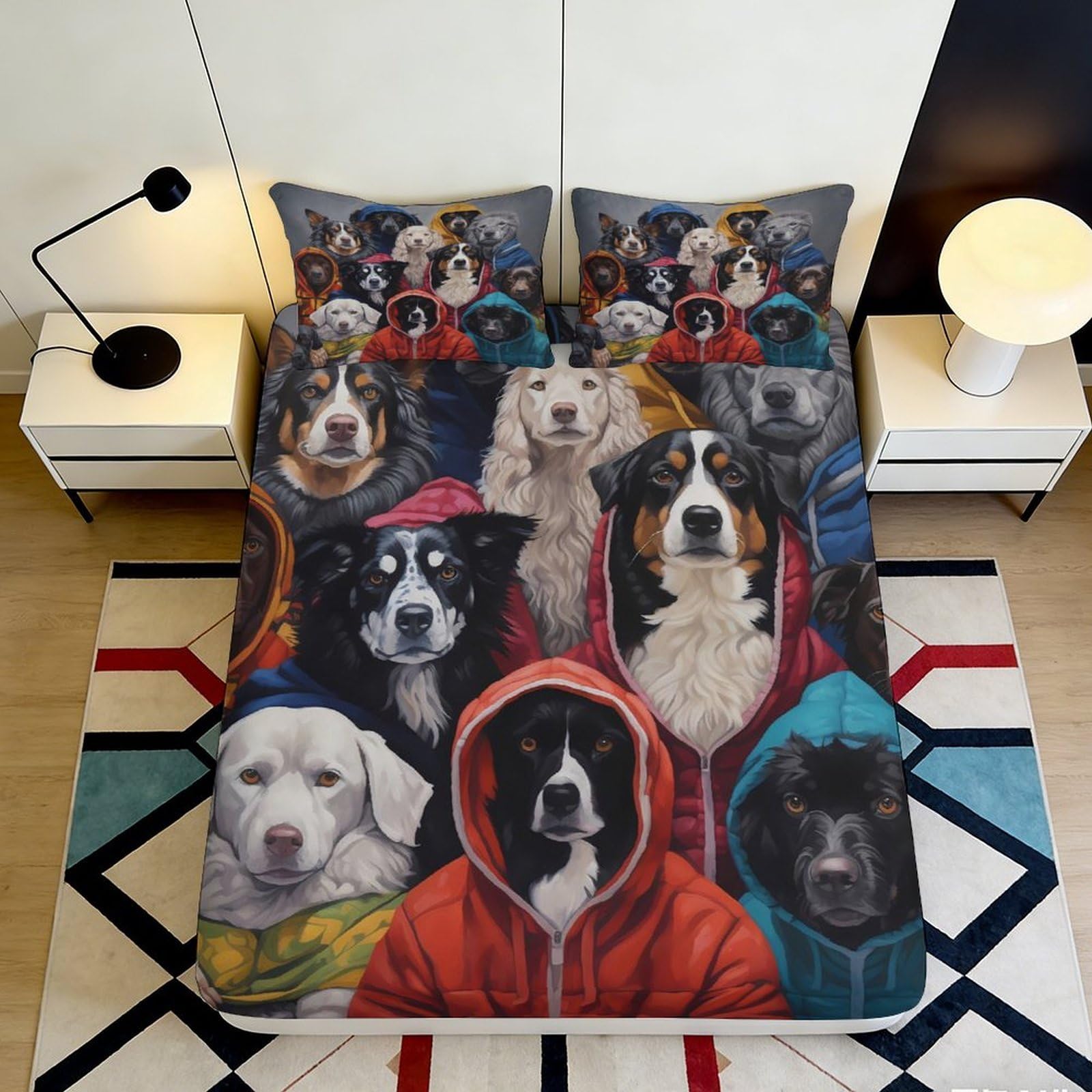 Uxinyoume Style-2 3D Printed Dog Portrait Fitted Sheet Microfiber Soft Breathable Hoodie Dogs Bed Cover For Bedroom Decor Dorm Mattress Protection 90X200x25cm