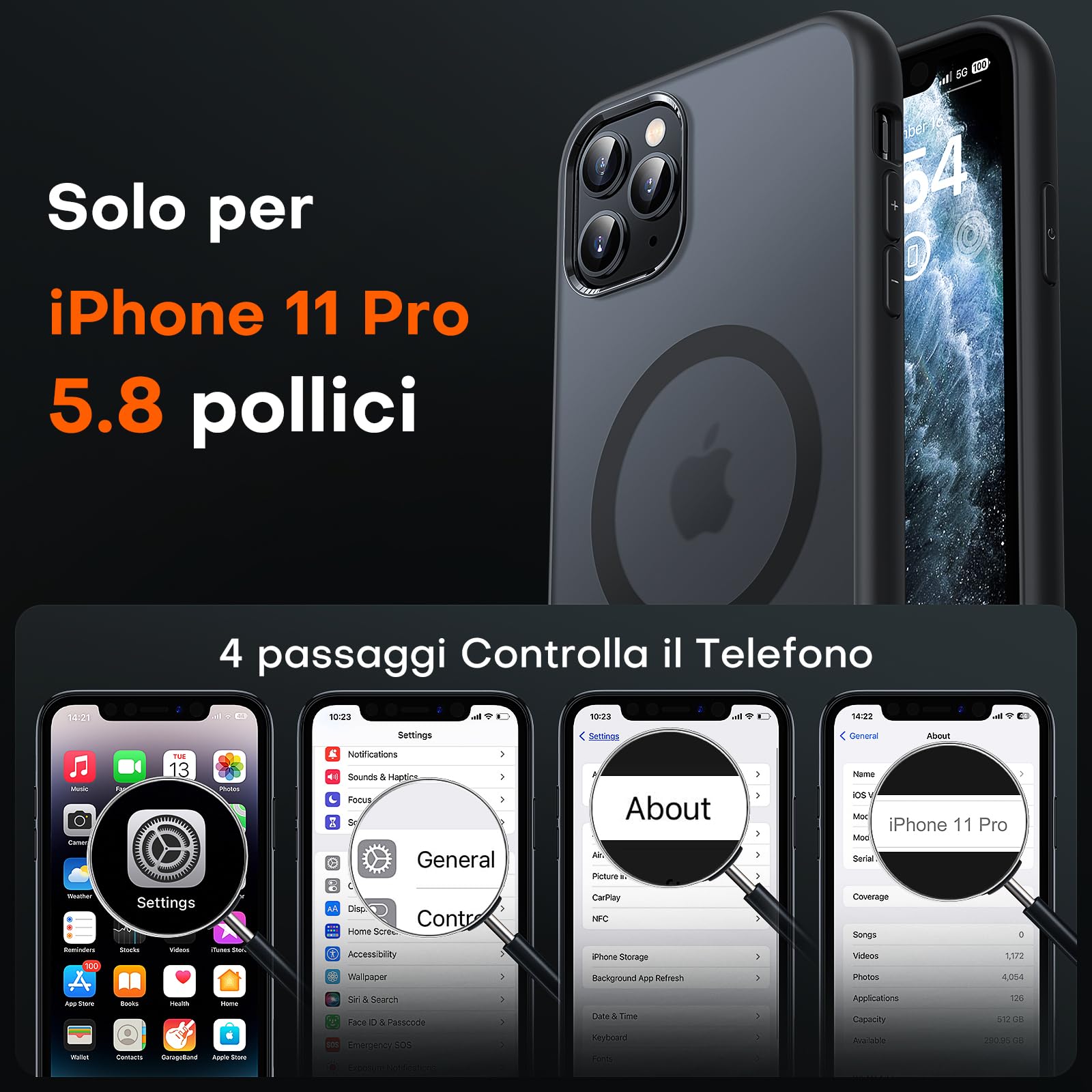 TOCOL Cover Magnetica per iPhone 11 Pro 5,8 Pollic, Compatibile con MagSafe, Custodia Antiurto Traslucida Opaca, Nero