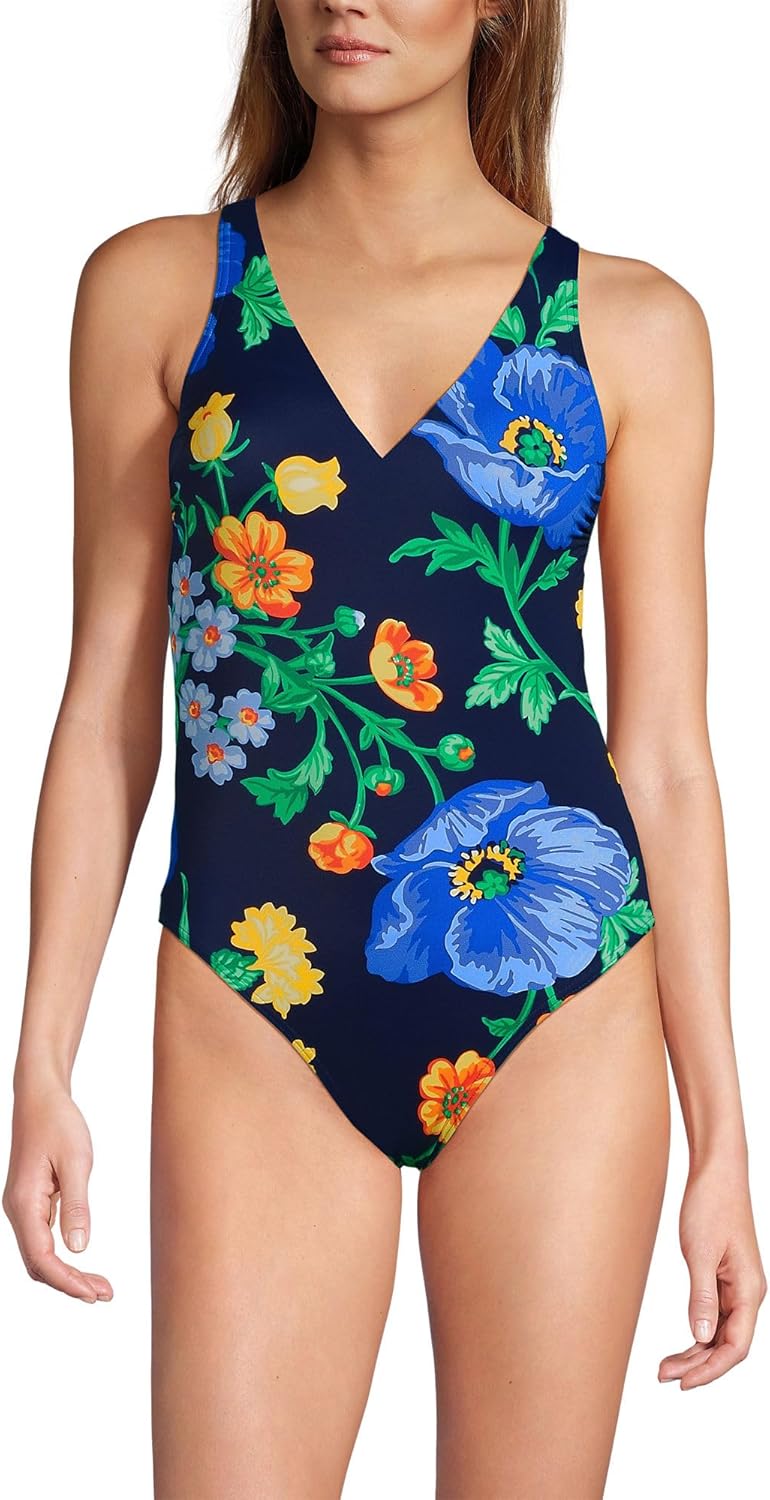 Lands' End Women's Tugless V-Neck High Leg One Piece Swimsuit