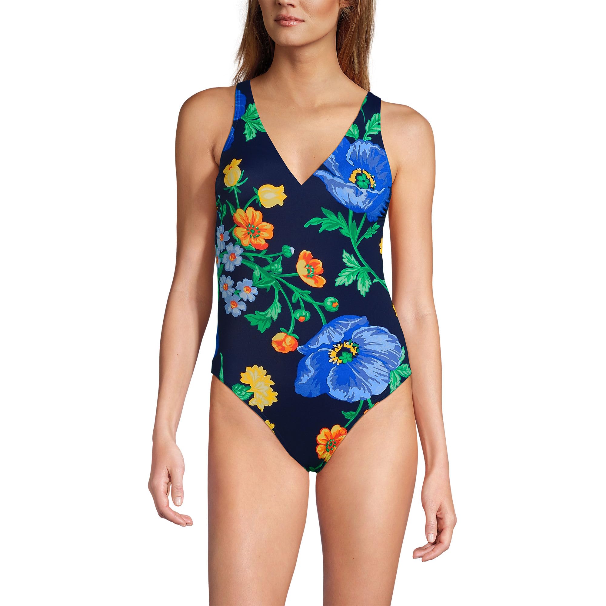 Lands' End Women's Tugless V-Neck High Leg One Piece Swimsuit