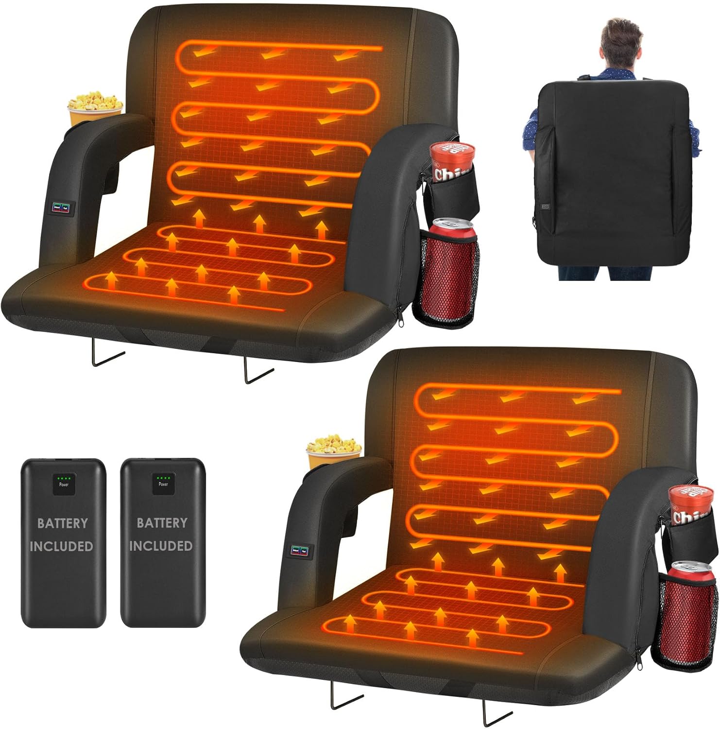 HOPERAN Dual-Sided Heated Stadium Seats for Bleachers with Back Support, 20000mAh Power Bank Included Stadium Chair, 3 Levels Heating Stadium Seating for Bleachers Seat with Backrest