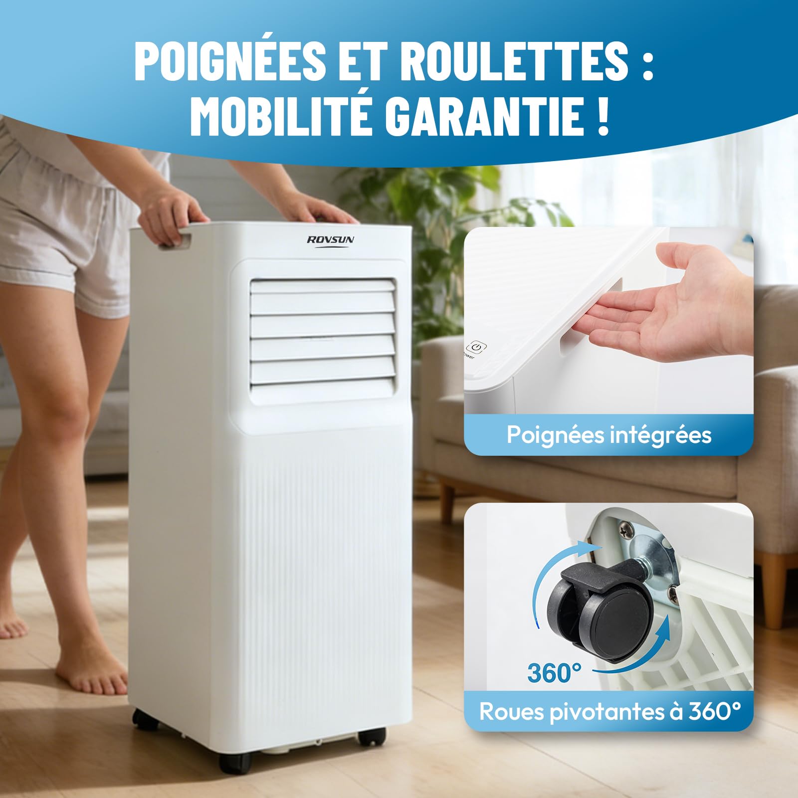 ROVSUN Climatiseur Mobile 7000 BTU 4 en 1 – Rafraîchissement, Ventilation, Déshumidification, Mode nuit Silencieux <65 dB, Minuterie 24h, Roulettes 360°, Télécommande + Wi-Fi, 20 m², Blanc, classe A