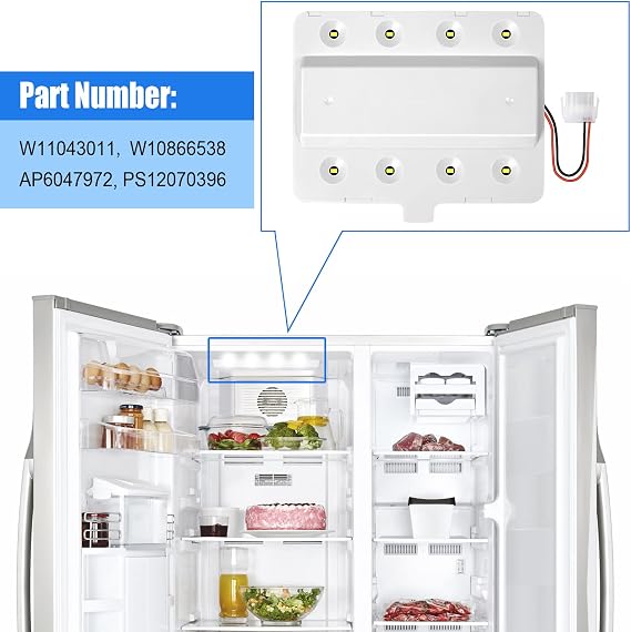 W11043011 Refrigerator LED Light Module Replacement for Whirlpool, Kenmore, Maytag, Amana & IKEA W10866538 AP6047972 PS12070396 Q184G2 Fridge LED Light Board with Cover, Plug & Play Easy Install