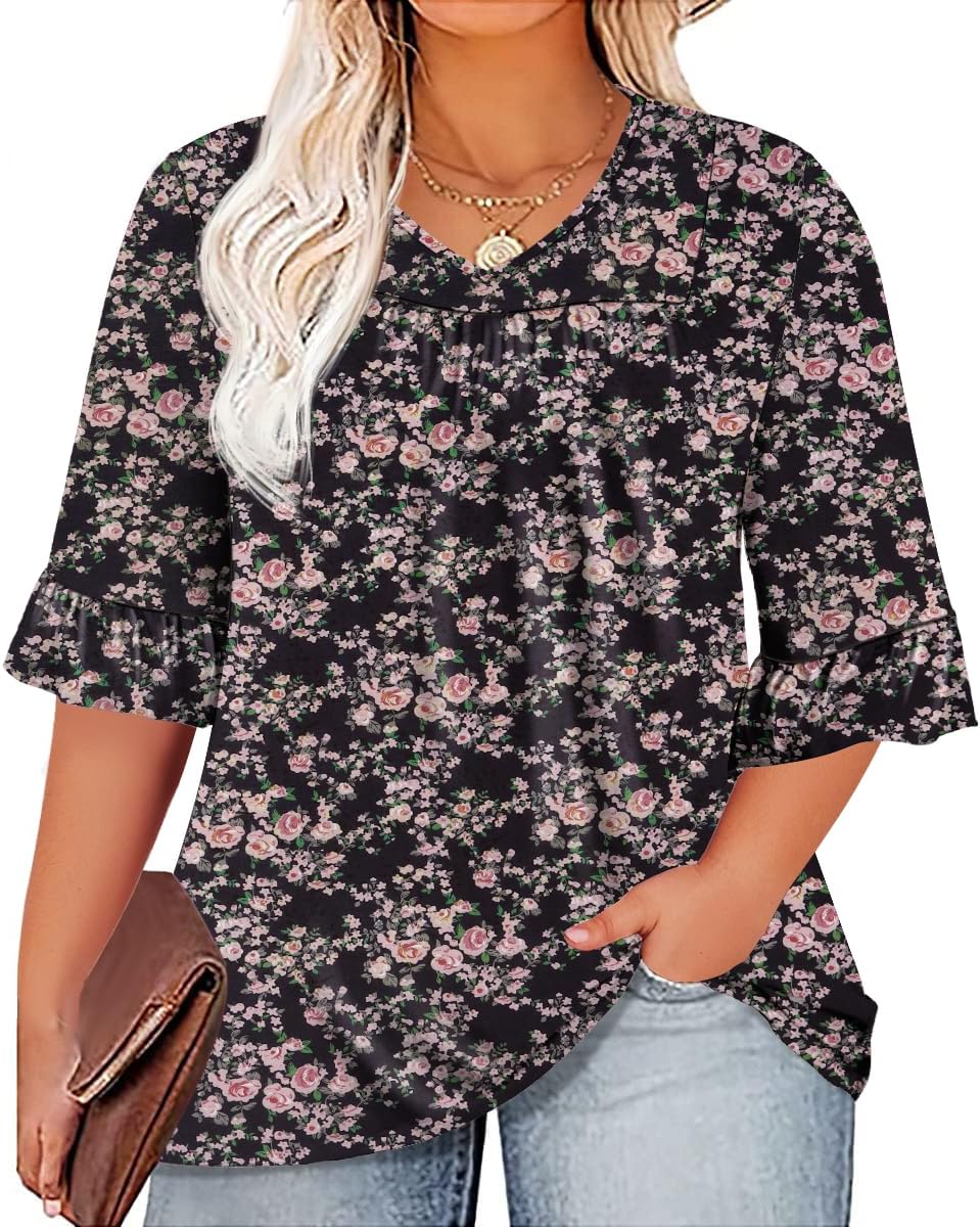 Micoson Womens Plus Size Tops 3/4 Ruffle Sleeve Shirt Casual V Neck Pleated T Shirt Loose Fit Tunic Blouse(1X-5X)
