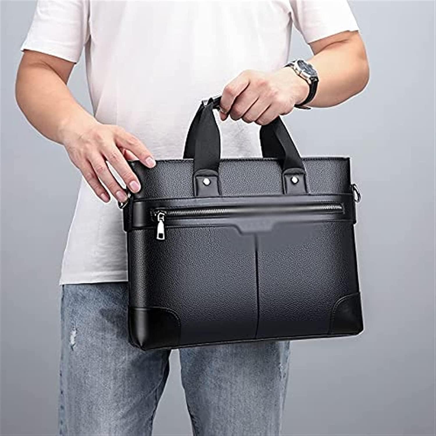 Leather Briefcase for Men 14 Inch Retro Laptop Messenger Bag Travel Business Attache Case(Black)