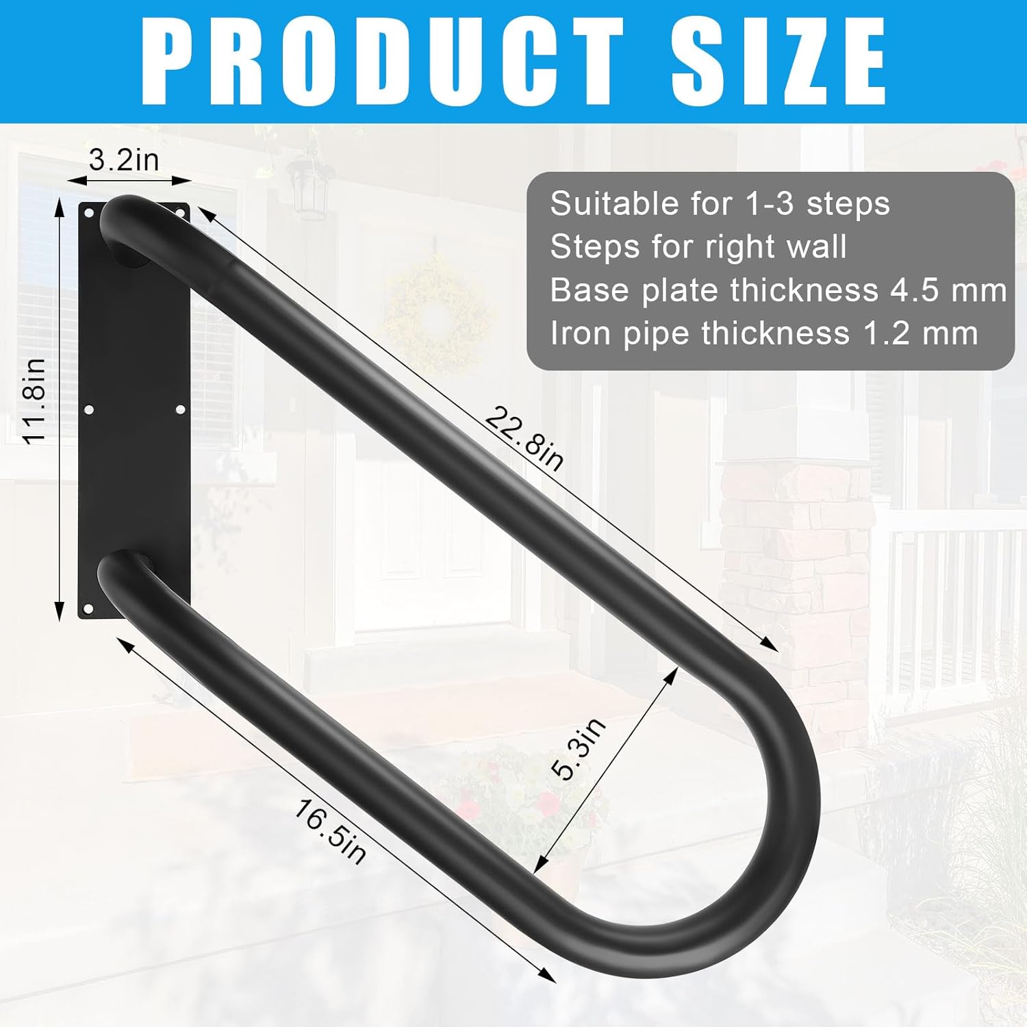 Pasimy Hand Rails for Outdoor Steps, Right Side Wall Mount Stairs Railing for 1-3 Stairs, Indoor Porch Garage Garden Handle (220LBs Loading)