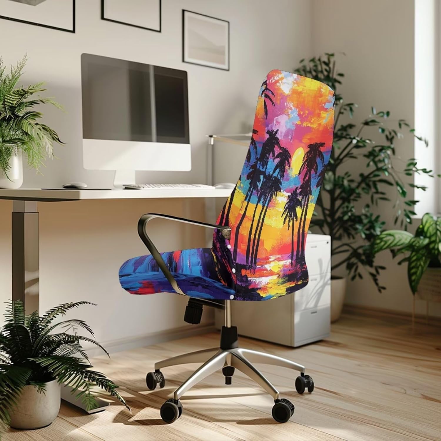Hawaii Palm Tree Print Office Chair Cover Water Resistant, Universal Computer Chair Cover with Elastic Band, Removable Rotating Chairs Slipcover Size L