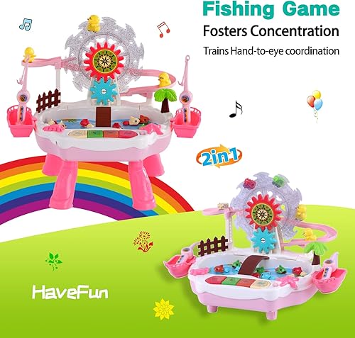 Miniatura 2 de IIROMECI Juguetes de pesca para niños de 3 a 5 años, juego de juguetes de pesca con rueda de fortuna giratoria, tobogán de animales y música, juegos