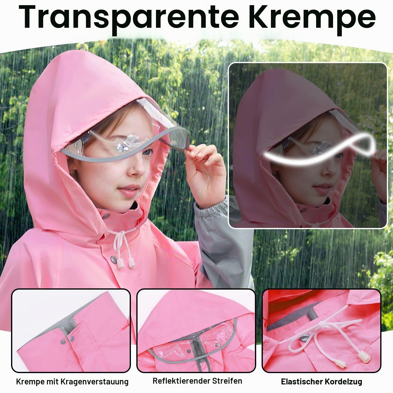 JinBei Kinder Regenanzug Mädchen Jungen Regenkleidung Leicht Zweiteiliger Anzug Unisex Wasserdicht Winddicht Regenjacke und Regenhose Transparenter Krempe Regenset mit Reflektor 8-14 Jahre