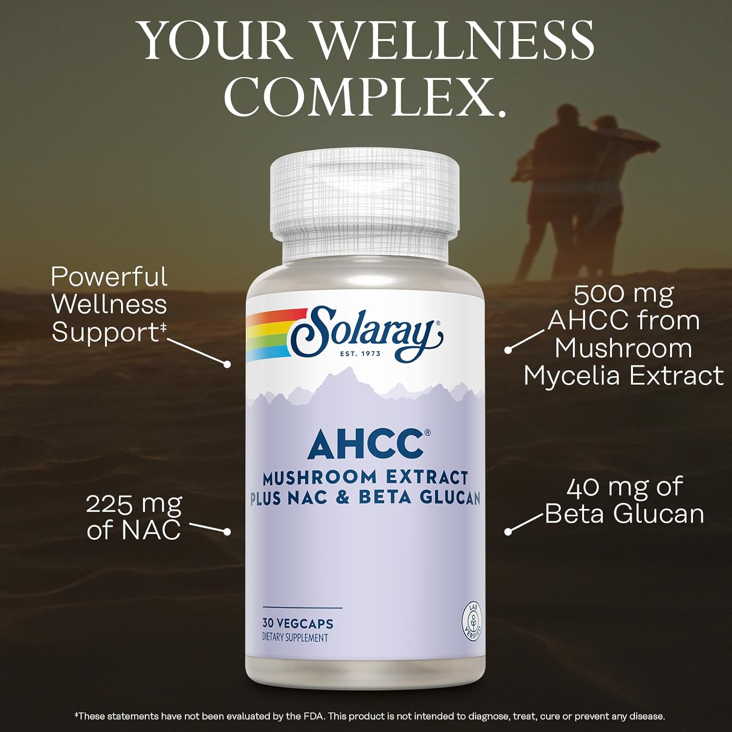 SOLARAY AHCC Mushroom Supplement Plus NAC and Beta Glucan - Mushroom Complex for Powerful Wellness Support - 60-Day Guarantee, Lab Verified - 30 VegCaps, 30 Servings