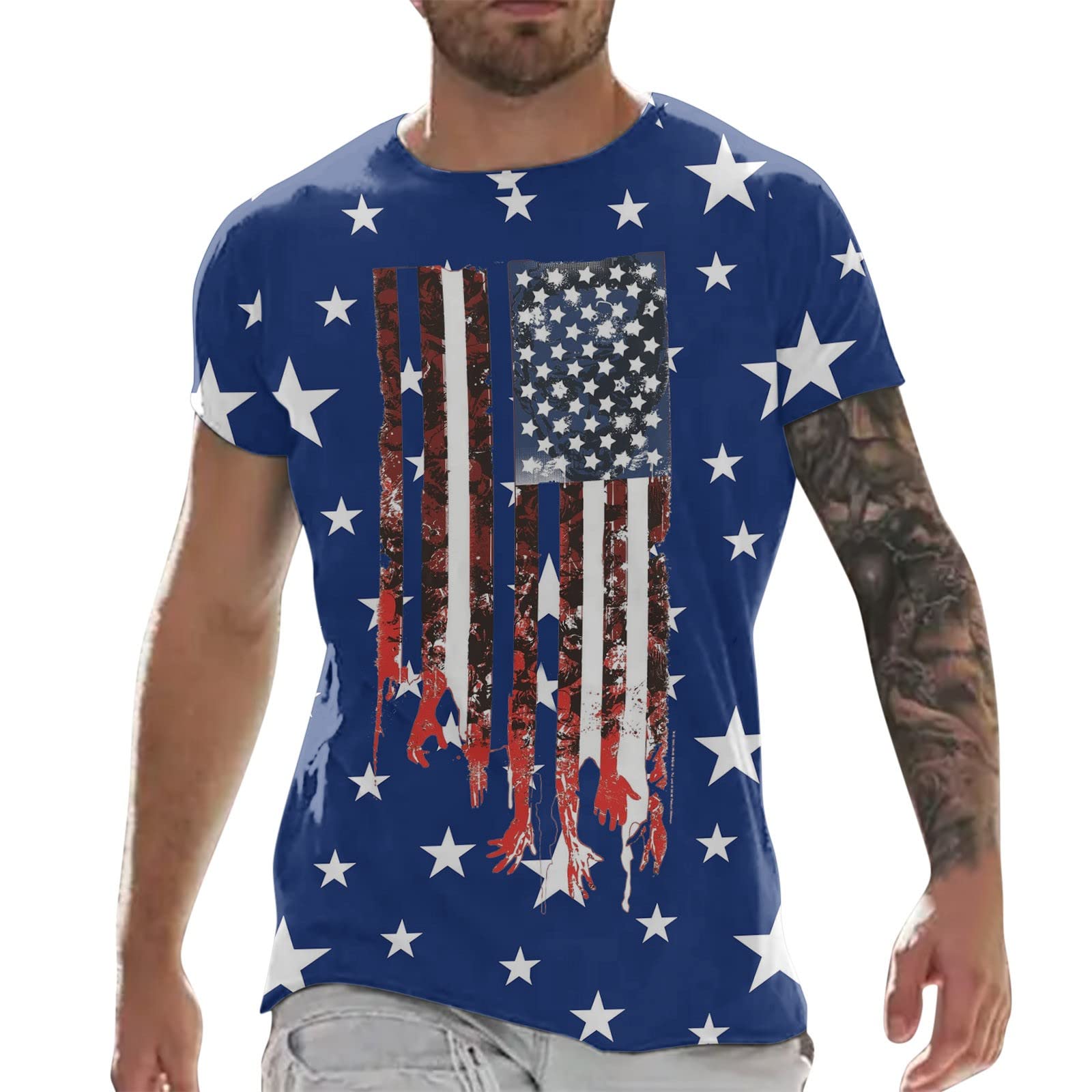GenericIndependence Day Mens Basic Tee American Flag Print Patriotic Tops Crewneck Pullover Shirt Classic-Fit Casual Men Blouse