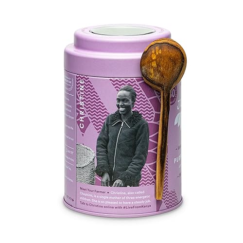 Vista 2 de JusTea Purple JASMINE - Té morado de hojas sueltas Lata con cuchara de té tallada a mano Más de 40 tazas (3.2 onzas) Bajo en cafeína