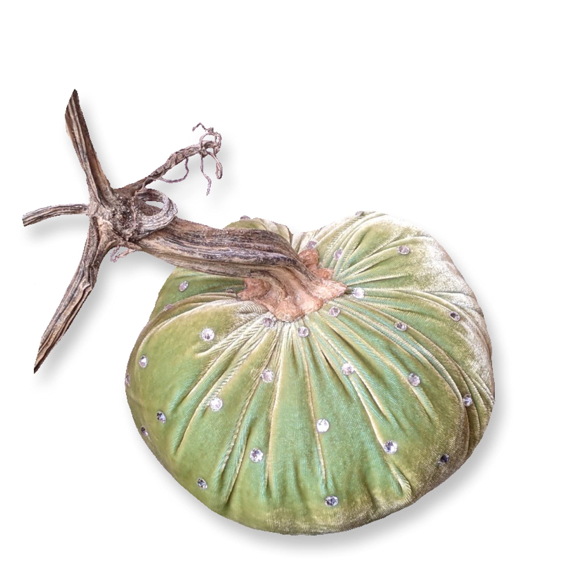 Silk velvet Pumpkins with Swarovski Crystals in assorted colours, real unique pumpkin stem,Thanksgiving Decoration, Harvest pumpkins, fall and Halloween home party (6 Inch, Celery