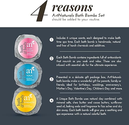 Miniatura 2 de artnaturals Set de regalo de bombas de baño, 6 bombas de baño de burbujas, con aceites esenciales, manteca de karité y cacao, aromaterapia para spa