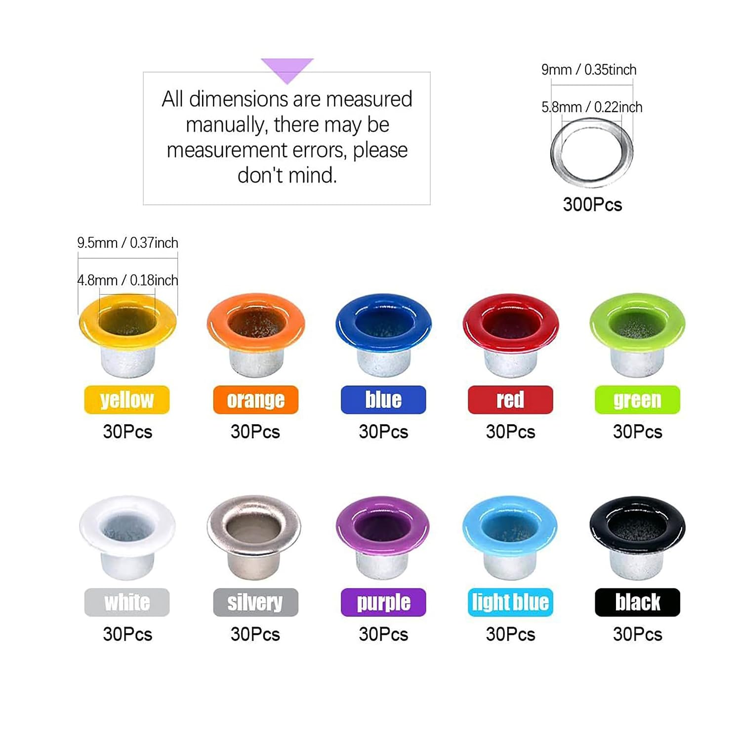 Lan-He 300PCS Colors Metal Grommets Suitable for use 3/16 (5 MM) Eyelet Hole Punch Pliers Kit Eyelets Kits Grommet Sets for Leather Fabric Belt Clothes Decorative Repair