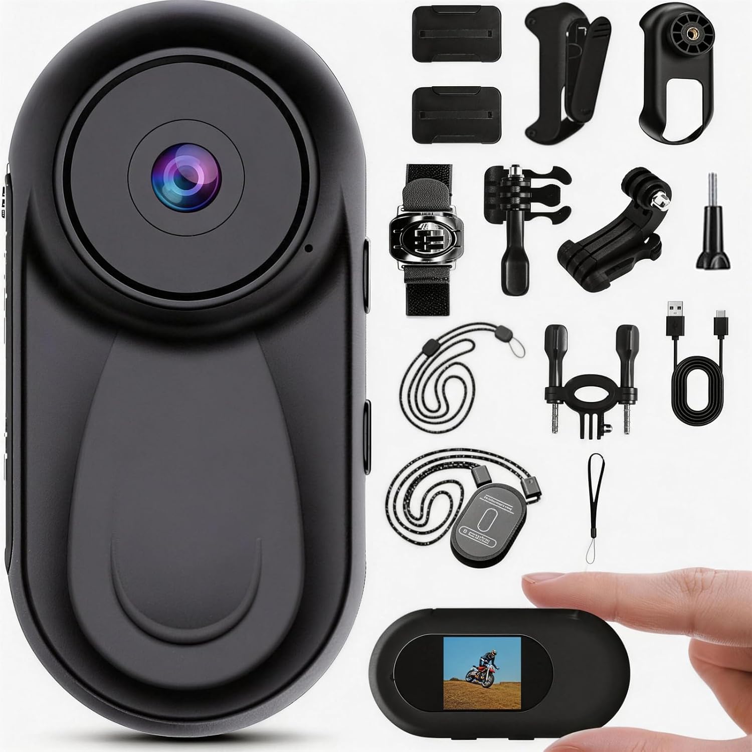 Mini Body Camera, 1080P Thumb Vlogging Cam Hands-Free Recording, Tiny Action Camera with 360° Rotate Clip&Magnetic Clip, Wearable Video Recorder for Traveling/Motorcycle Deep Black