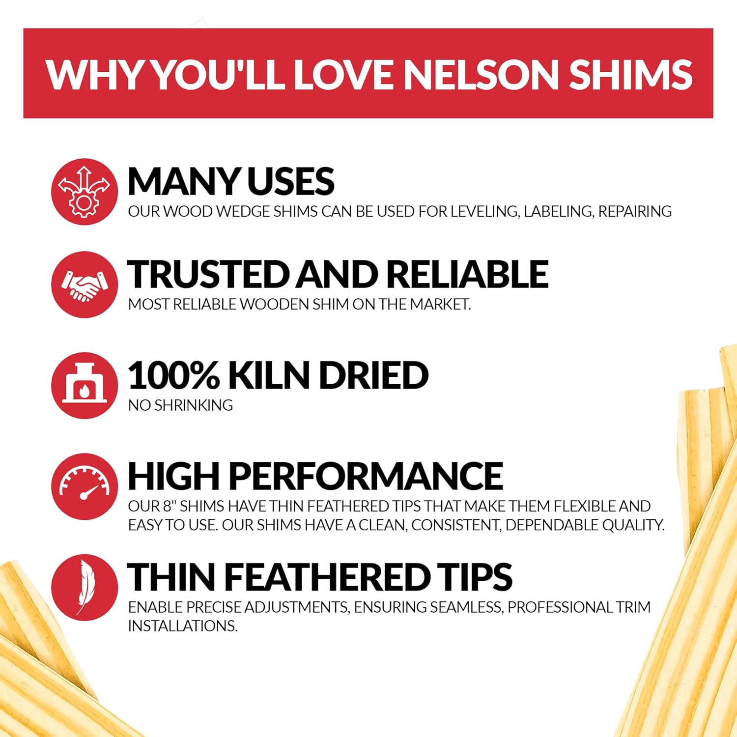 Nelson Wood Shims - 8-Inch Wood Shims for Leveling, Pro Pack, 120 Count Wedges for Toilets, Tables, Doors & Furniture Levelers for Uneven Floors