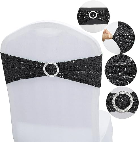 Miniatura 7 de 25 bandas elásticas de elastano con lentejuelas para silla, para bodas, recepciones, eventos, banquetes, sillas y decoración (dorado)
