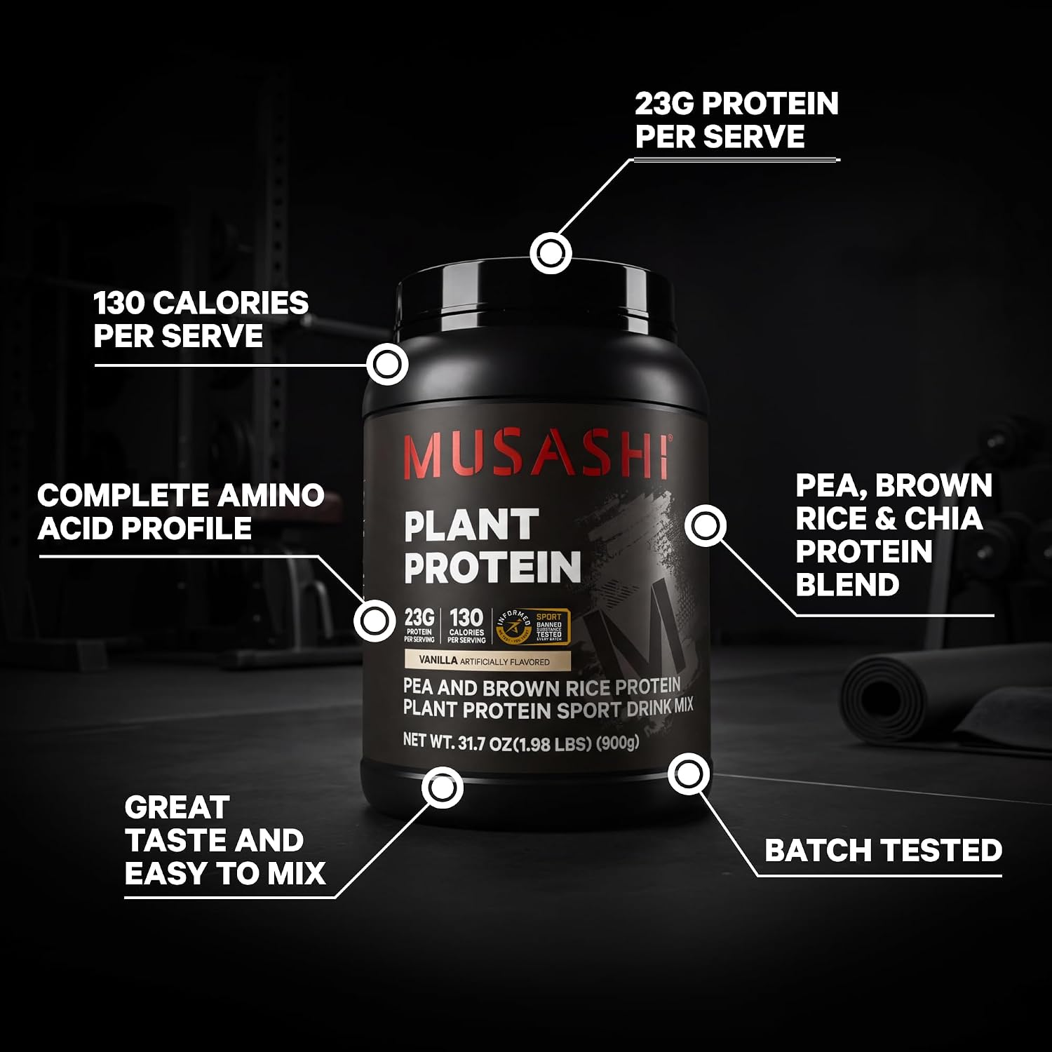 Musashi Plant Protein Powder, Vanilla, 900g (1.98 lb), Pea, Brown Rice and Chia Protein Blend with BCAAs & L-Glutamine, 23g Protein, 130 Calories per Serving image 4