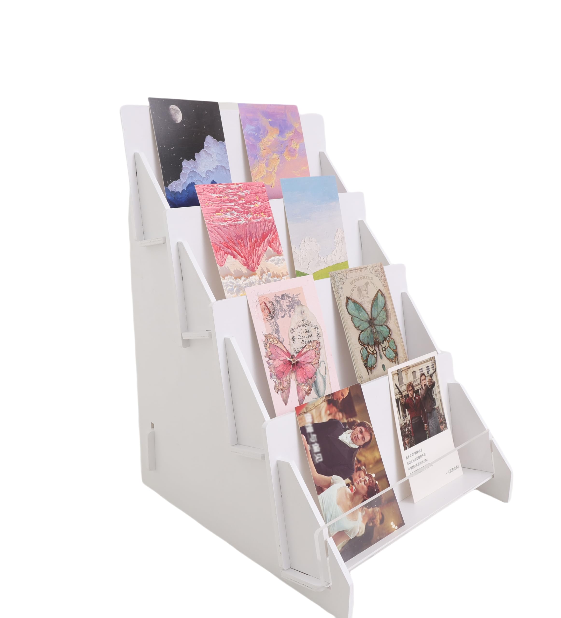 SSYYGET Greeting Card Display Stand, 3 Tier Postcard Display Stand, Portable Card Display Rack, Wooden Retail Display Holder, Magazine Organizer Rack (4 Tier - White)